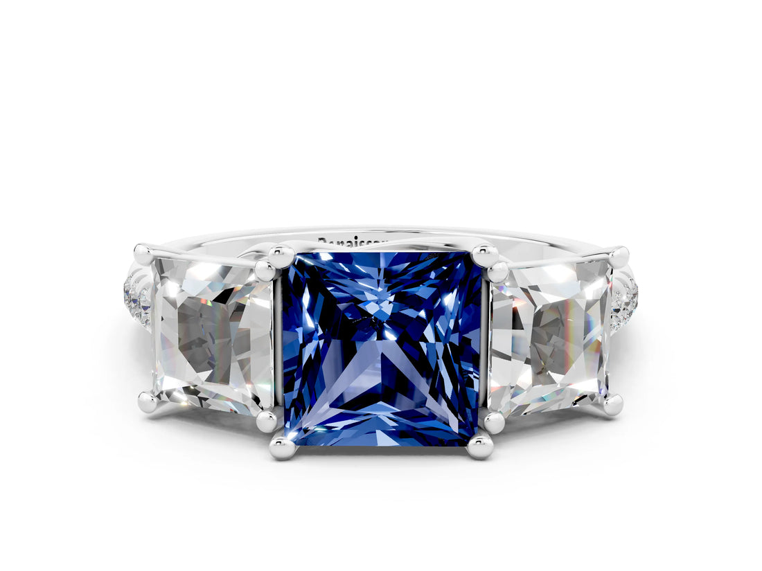 White gold Three-Stone Princess Cut Blue Sapphire Ring with Round  Pavé Band and Prong Setting_12