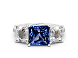 White gold Three-Stone Princess Cut Blue Sapphire Ring with Round  Pavé Band and Prong Setting_12