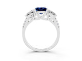 White gold Three-Stone Princess Cut Blue Sapphire Ring with Round  Pavé Band and Prong Setting_15