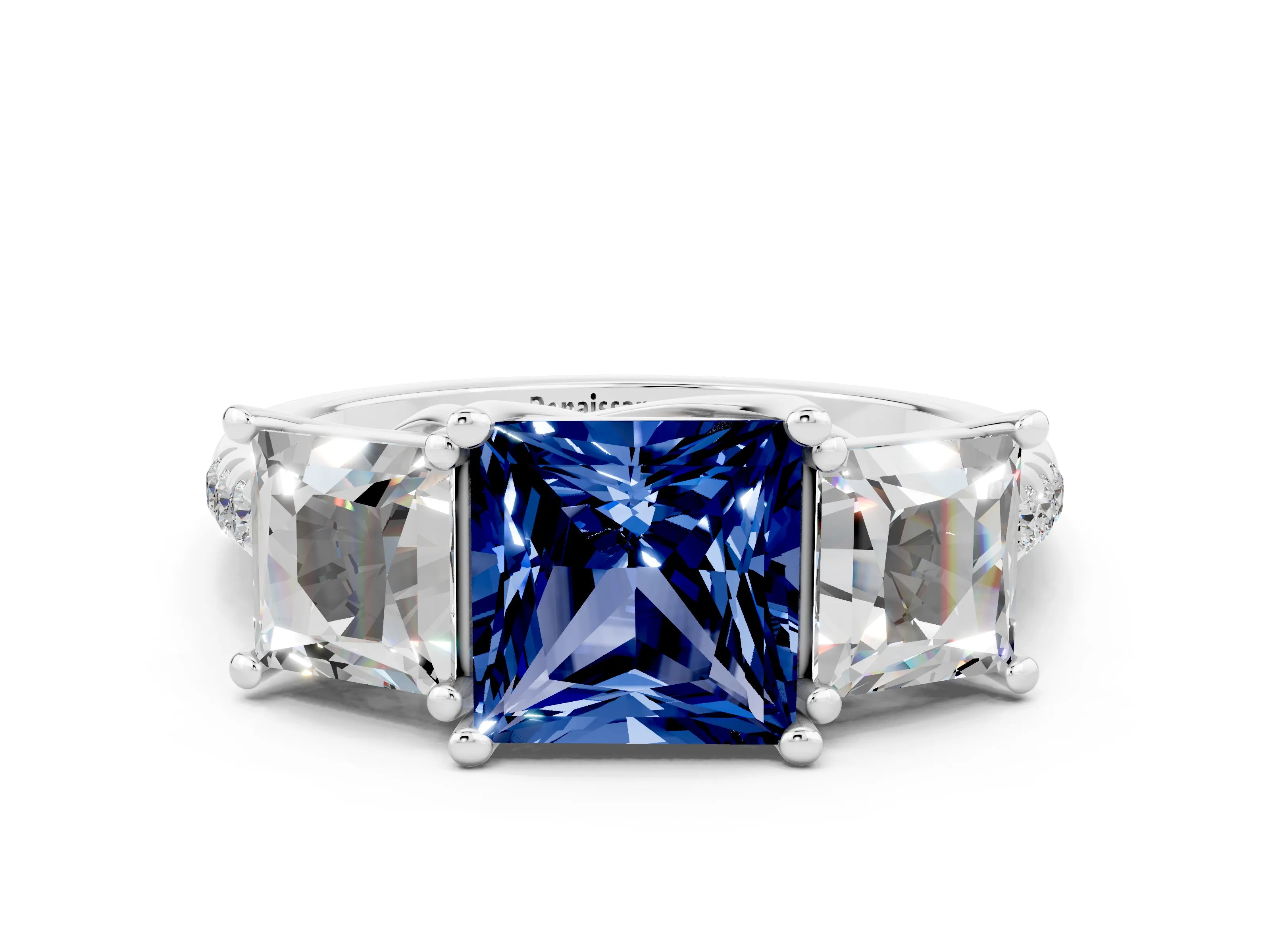 White gold Three-Stone Princess Cut Blue Sapphire Ring with Round  Pavé Band and Prong Setting_24
