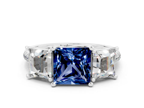 White gold Three-Stone Princess Cut Blue Sapphire Ring with Round  Pavé Band and Prong Setting_24