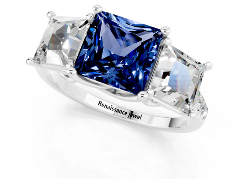 White gold Three-Stone Princess Cut Blue Sapphire Ring with Round  Pavé Band and Prong Setting_25