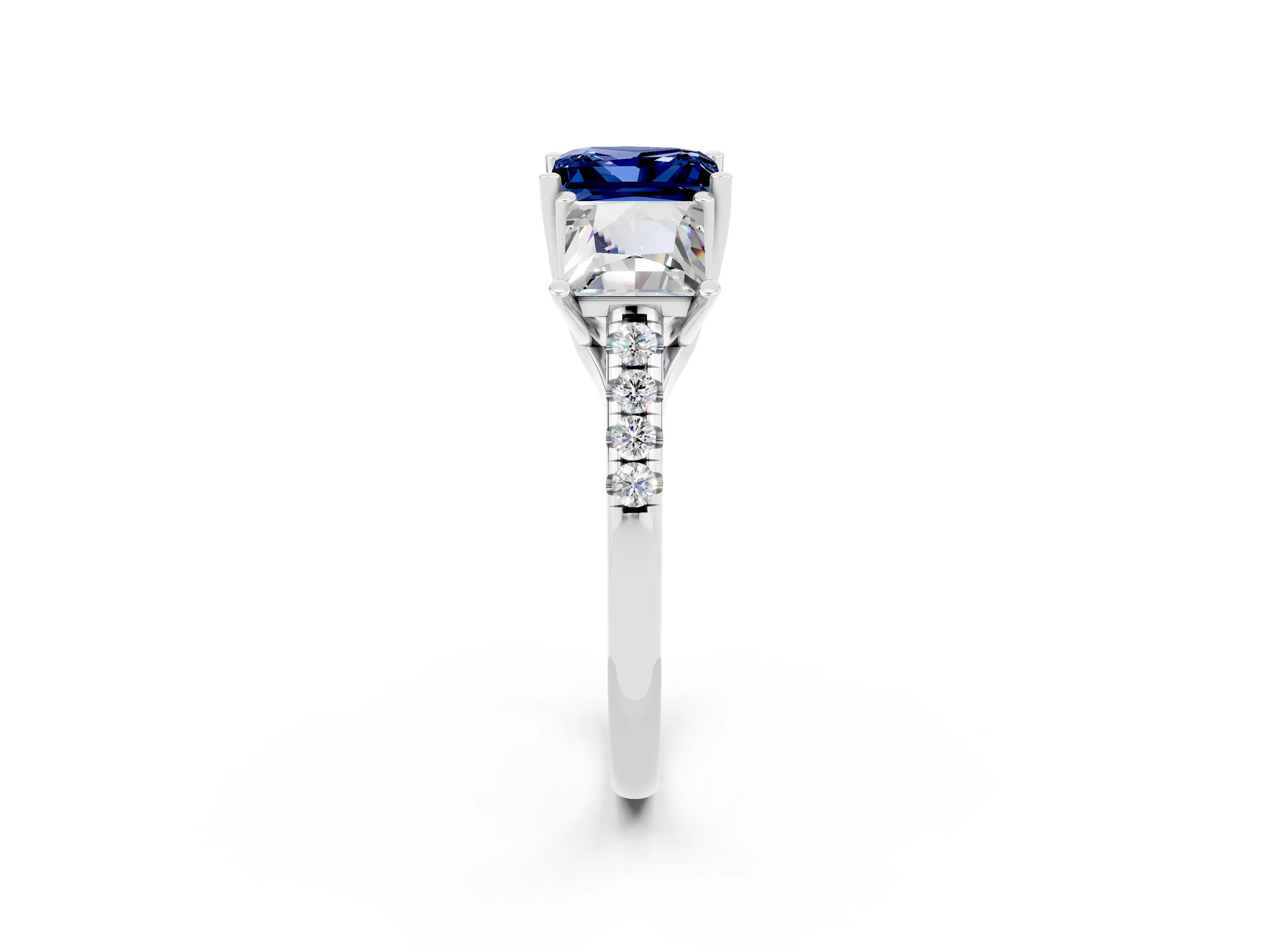 White gold Three-Stone Princess Cut Blue Sapphire Ring with Round  Pavé Band and Prong Setting_26
