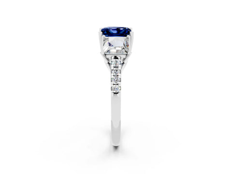 White gold Three-Stone Princess Cut Blue Sapphire Ring with Round  Pavé Band and Prong Setting_26