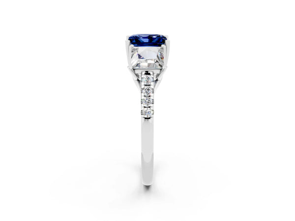 White gold Three-Stone Princess Cut Blue Sapphire Ring with Round  Pavé Band and Prong Setting