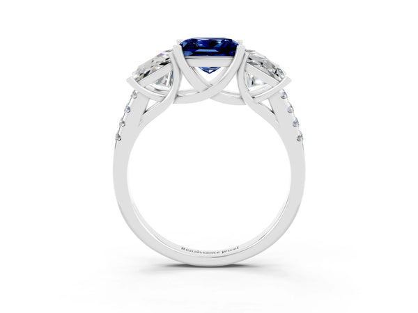 Platinum Three-Stone Princess Cut Blue Sapphire Ring with Round  Pavé Band and Prong Setting