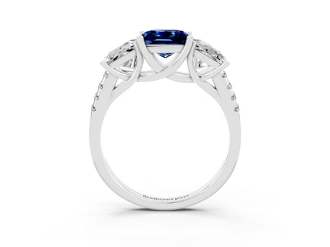 White gold Three-Stone Princess Cut Blue Sapphire Ring with Round  Pavé Band and Prong Setting_27