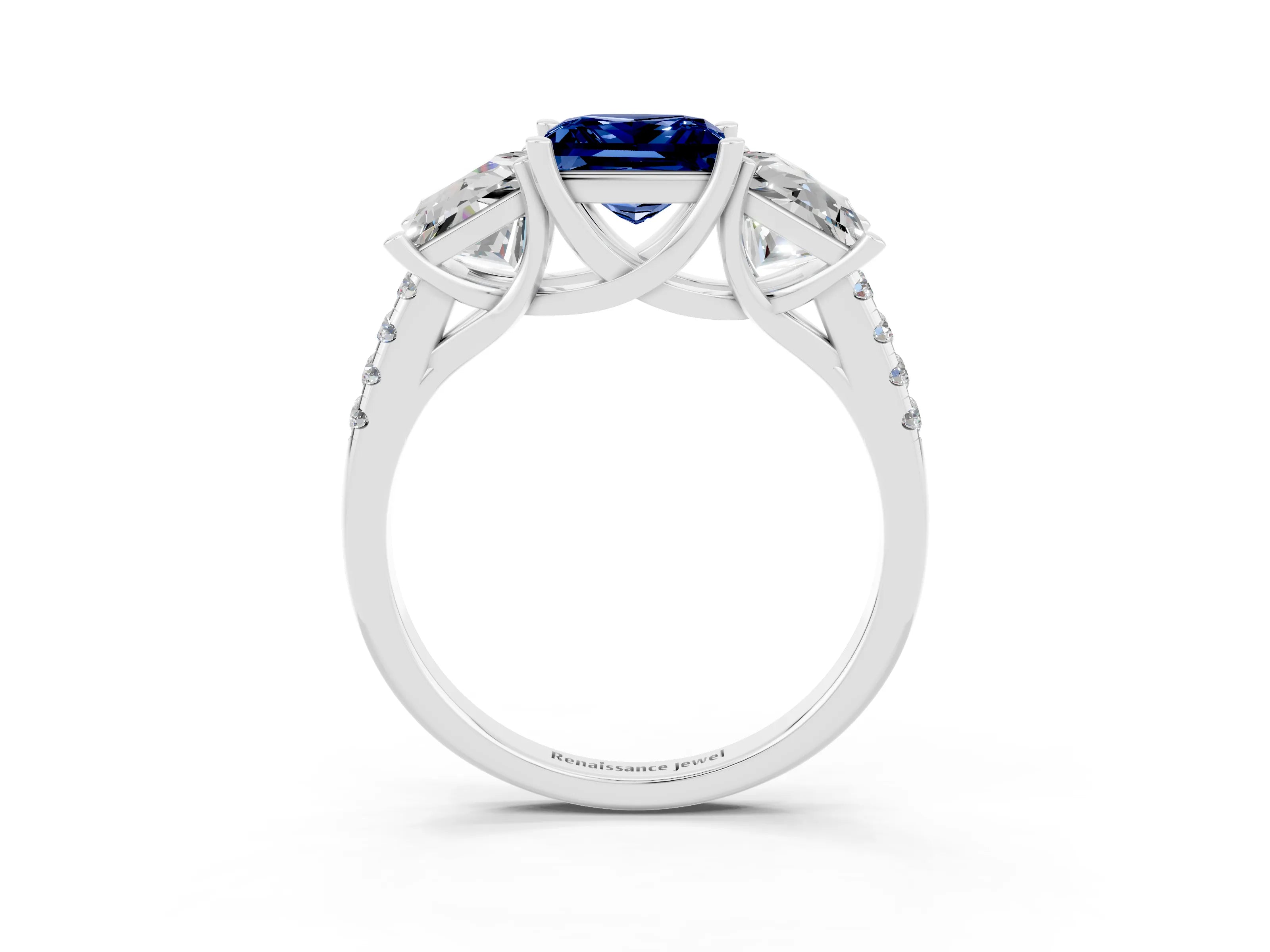 White gold Three-Stone Princess Cut Blue Sapphire Ring with Round  Pavé Band and Prong Setting_27