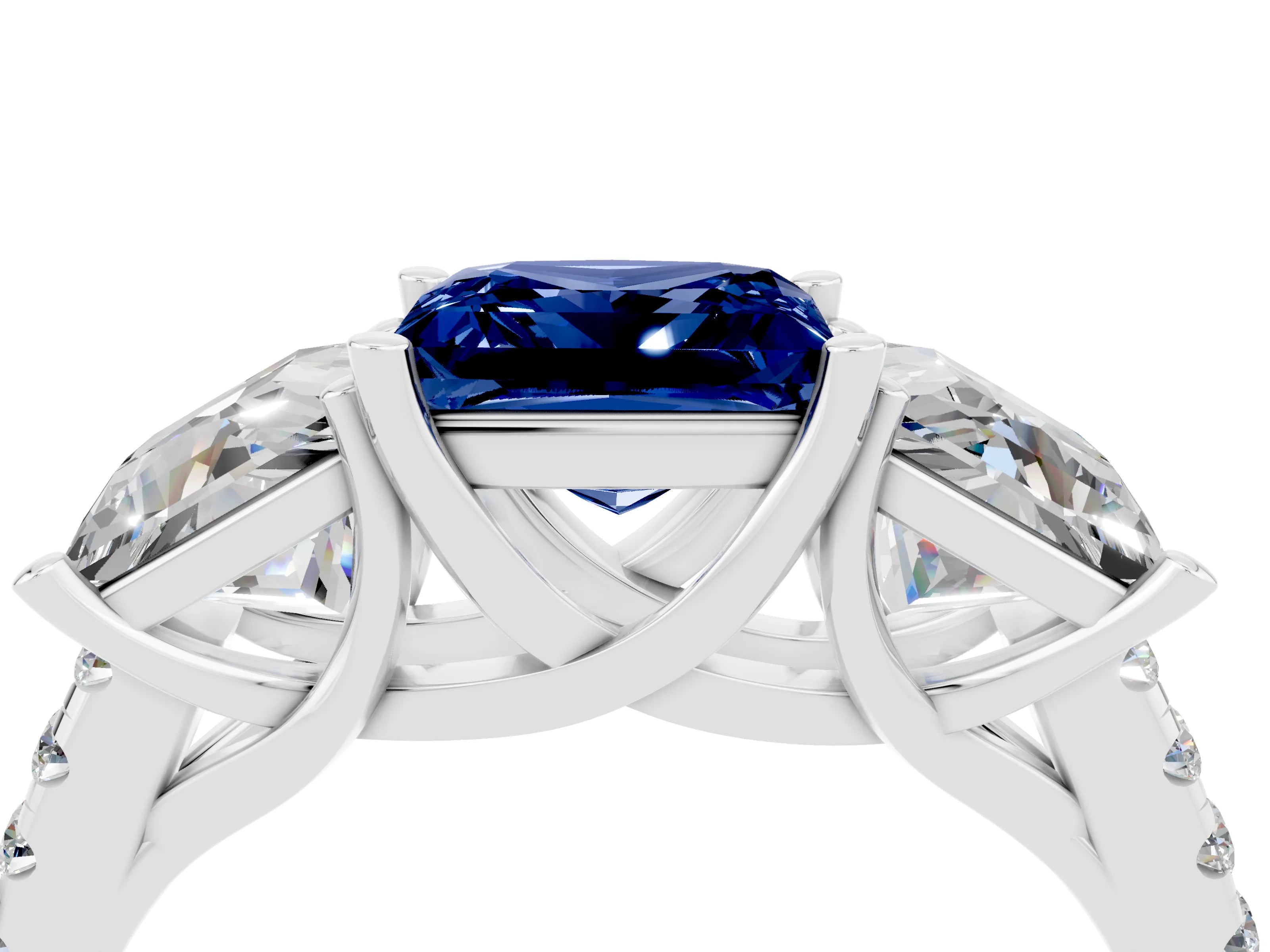 White gold Three-Stone Princess Cut Blue Sapphire Ring with Round  Pavé Band and Prong Setting_28