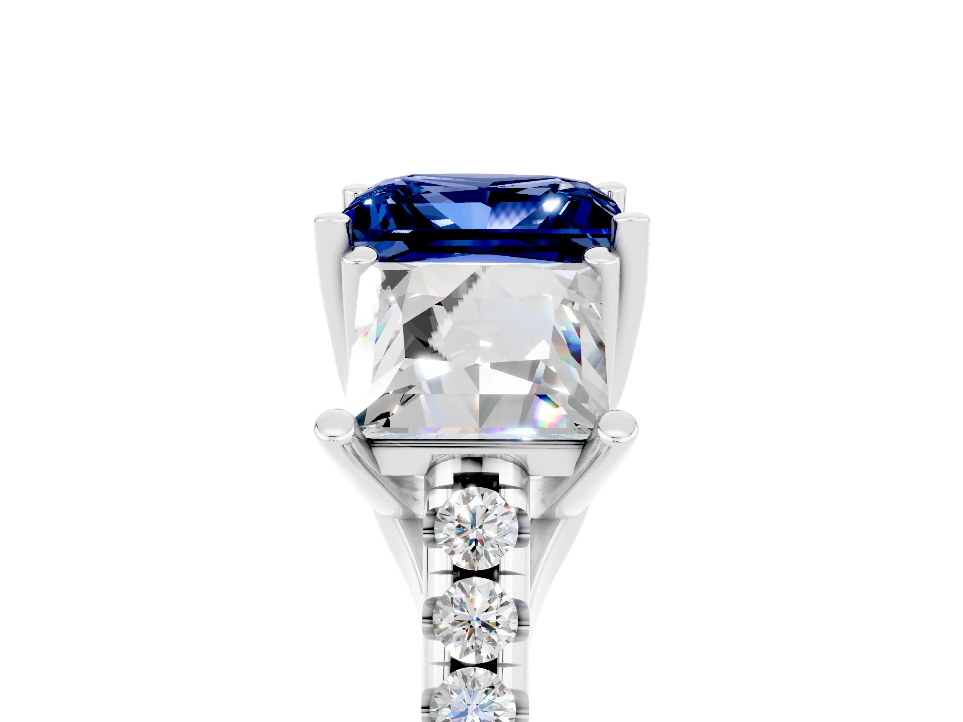 White gold Three-Stone Princess Cut Blue Sapphire Ring with Round  Pavé Band and Prong Setting_29
