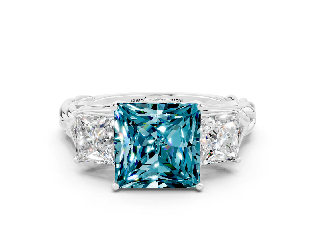White gold Three-Stone Princess Cut Blue Topaz Braided Band Ring with Four-Prong Setting_12