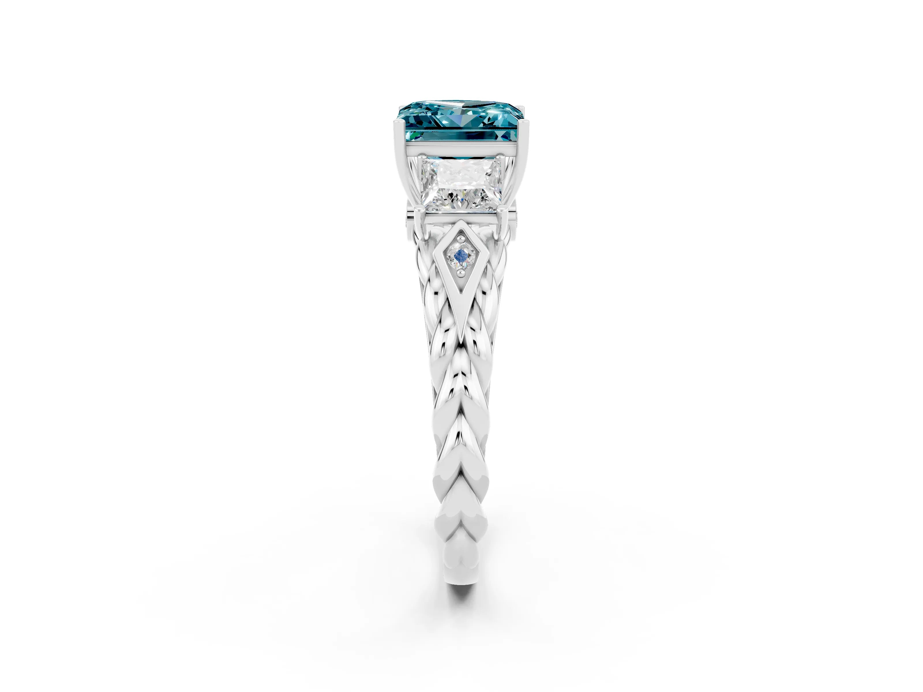 White gold Three-Stone Princess Cut Blue Topaz Braided Band Ring with Four-Prong Setting_14