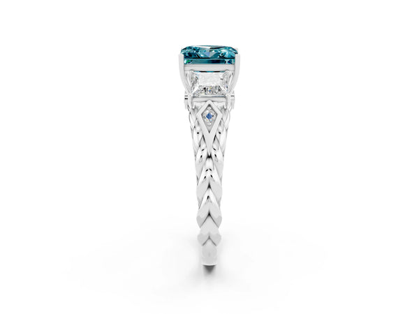 Platinum Three-Stone Princess Cut Blue Topaz Braided Band Ring with Four-Prong Setting