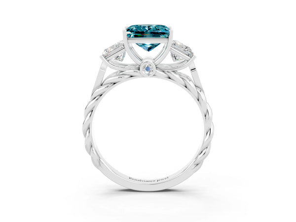 Platinum Three-Stone Princess Cut Blue Topaz Braided Band Ring with Four-Prong Setting