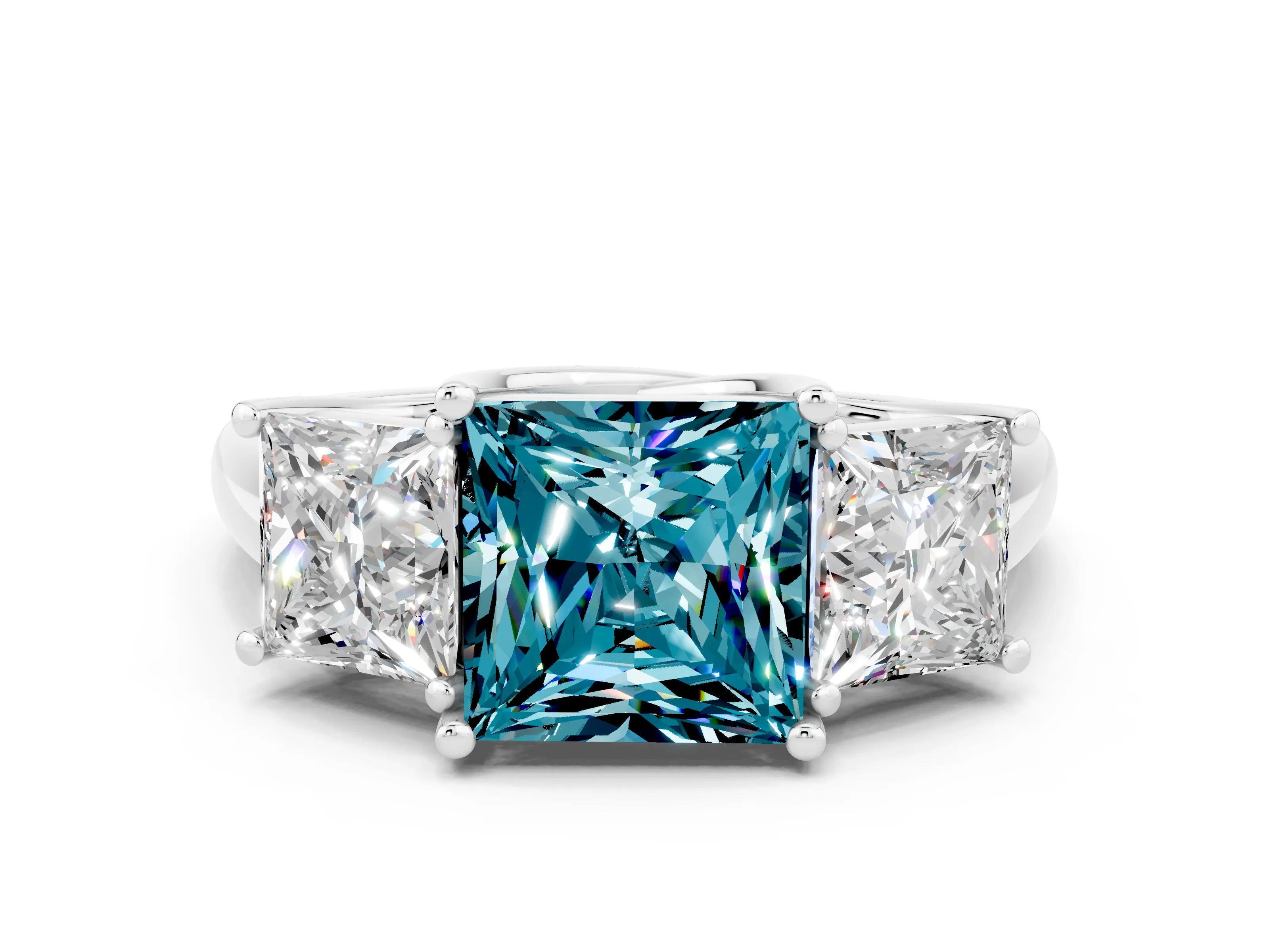 White gold Three-Stone Princess Cut Blue Topaz Engagement Ring with Prong Setting