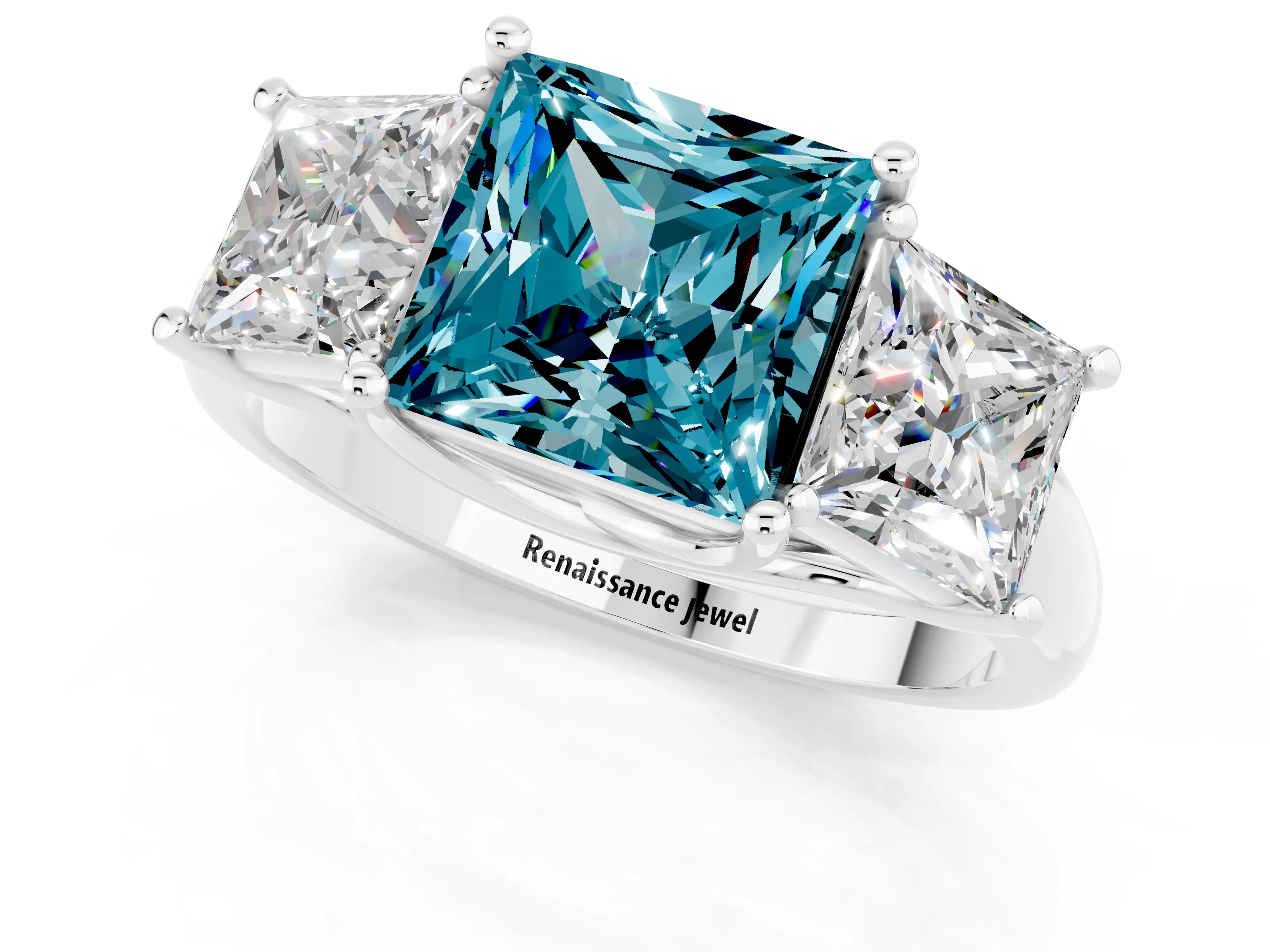 White gold Three-Stone Princess Cut Blue Topaz Engagement Ring with Prong Setting_1