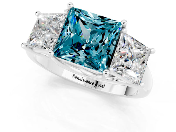Silver Three-Stone Princess Cut Blue Topaz Engagement Ring with Prong Setting