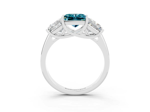 Platinum Three-Stone Princess Cut Blue Topaz Engagement Ring with Prong Setting