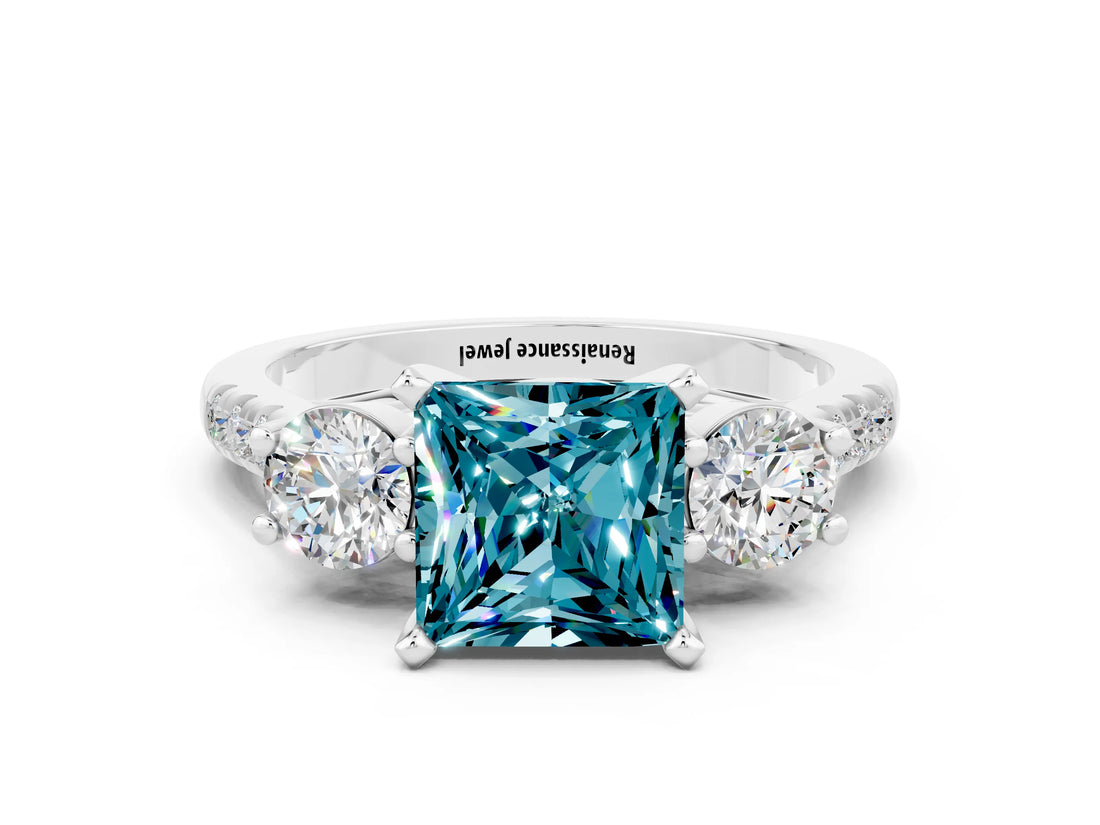 White gold Three-Stone Princess Cut Blue Topaz Pavé Band with Four-Prong Setting