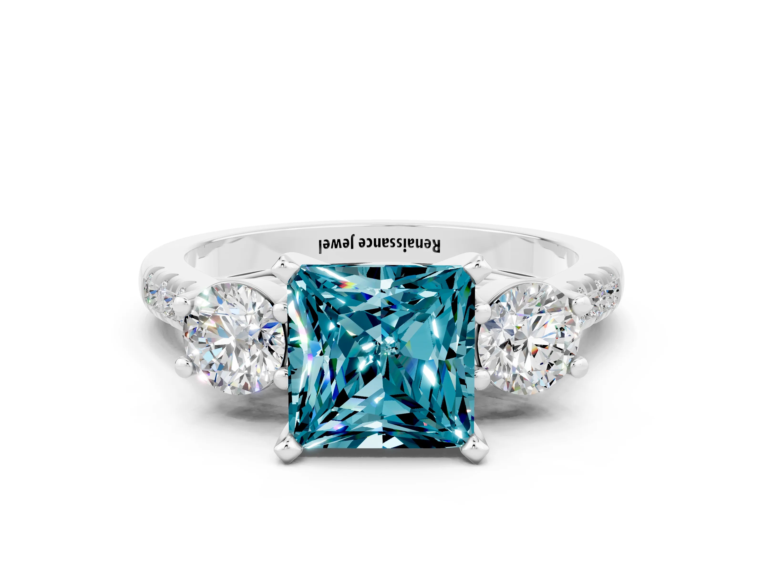White gold Three-Stone Princess Cut Blue Topaz Pavé Band with Four-Prong Setting