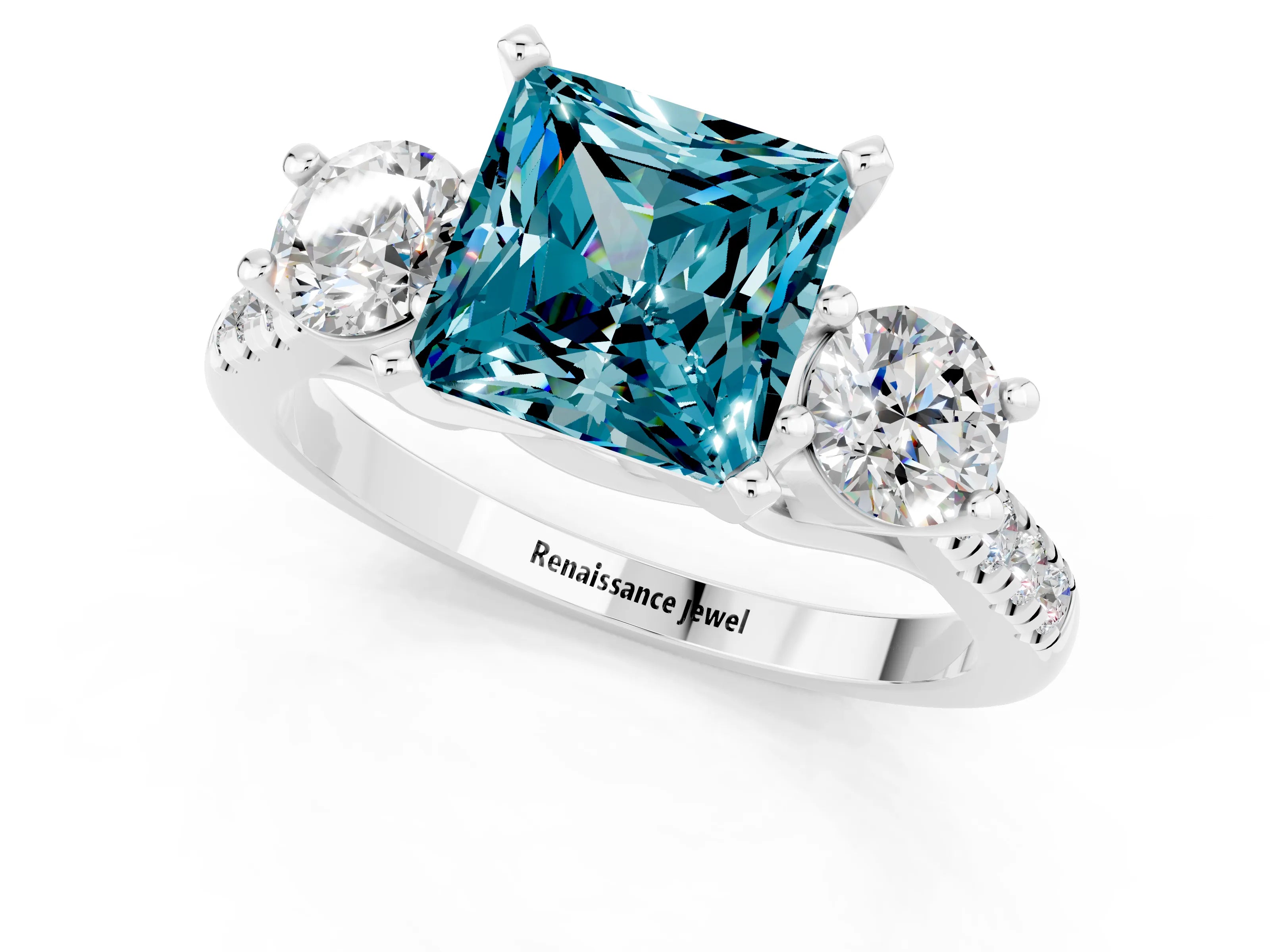 White gold Three-Stone Princess Cut Blue Topaz Pavé Band with Four-Prong Setting_1