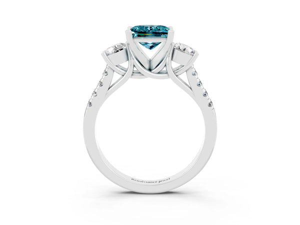 Platinum Three-Stone Princess Cut Blue Topaz Pavé Band with Four-Prong Setting