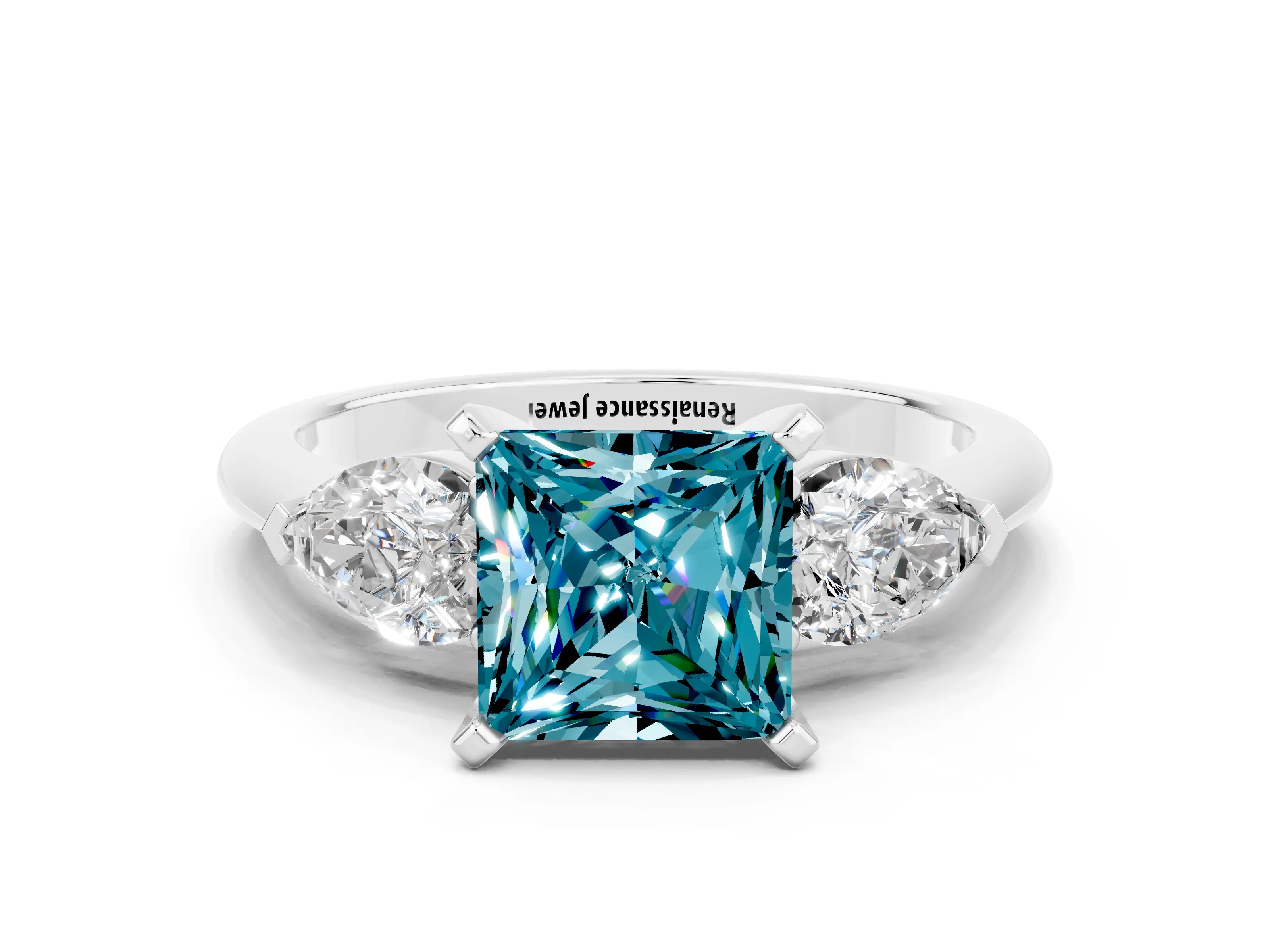 White gold Three-Stone Princess Cut Blue Topaz Ring with Pear Side Stones and Four-Prong Setting