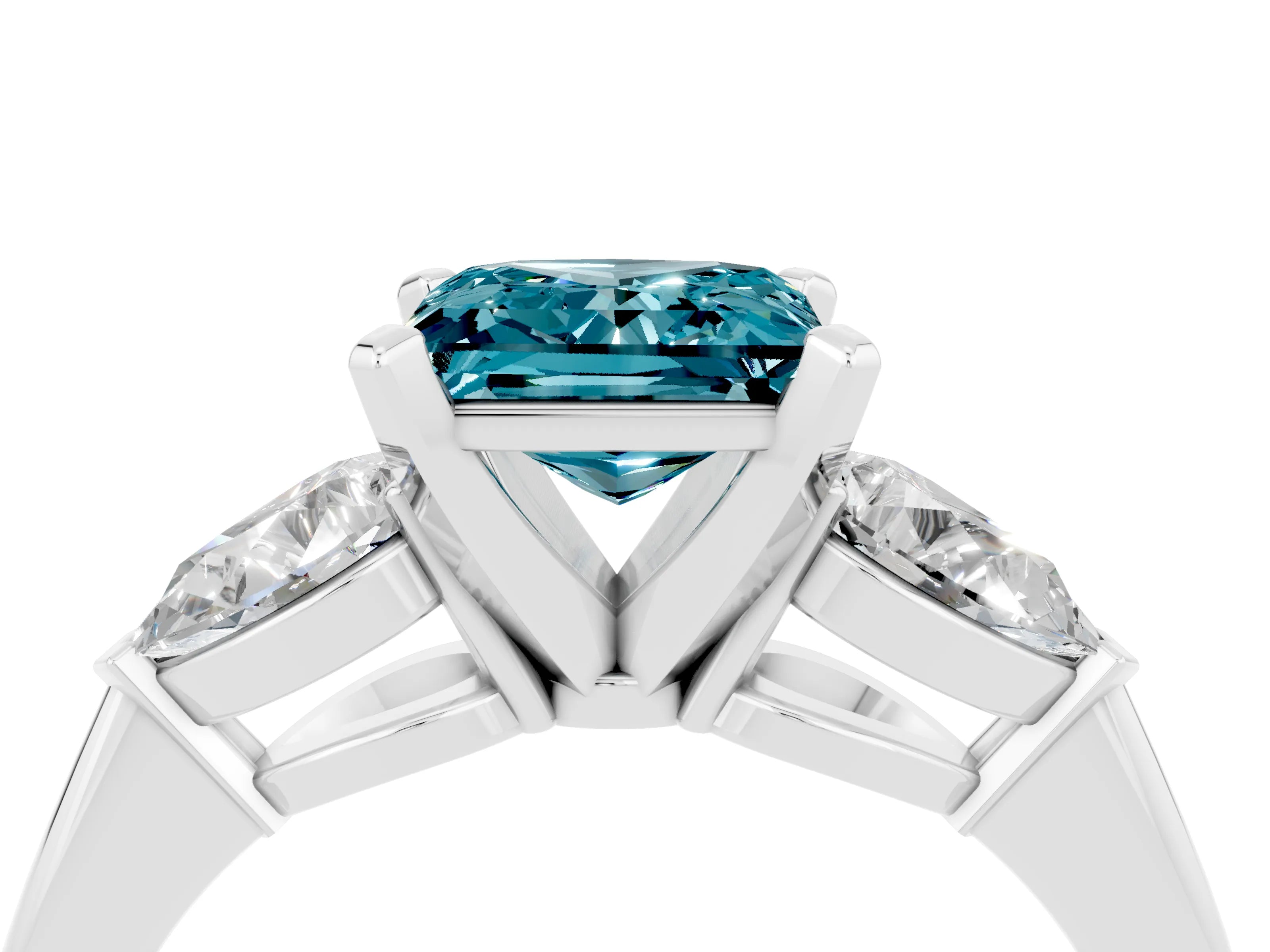 White gold Three-Stone Princess Cut Blue Topaz Ring with Pear Side Stones and Four-Prong Setting_4