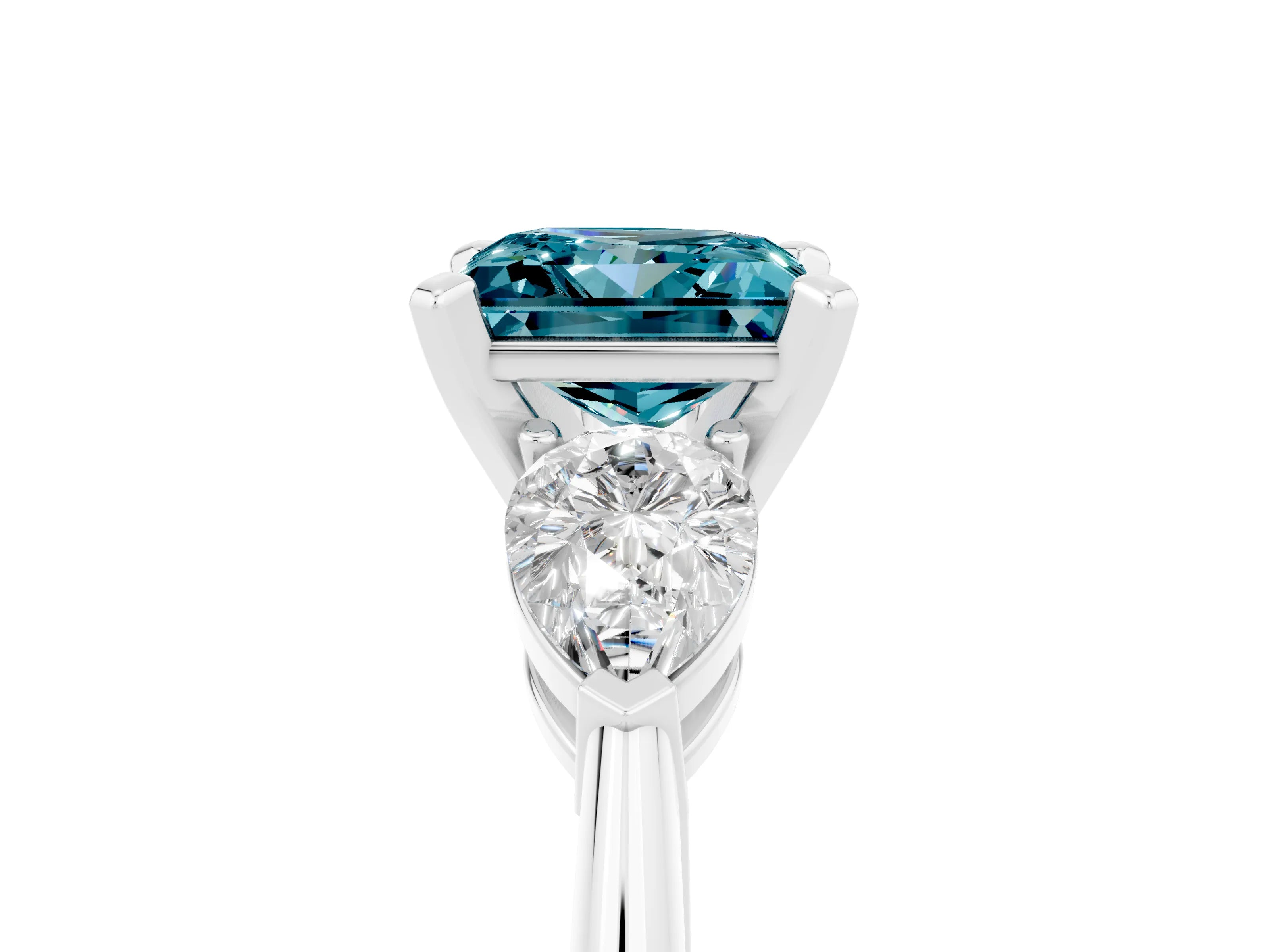 White gold Three-Stone Princess Cut Blue Topaz Ring with Pear Side Stones and Four-Prong Setting_5