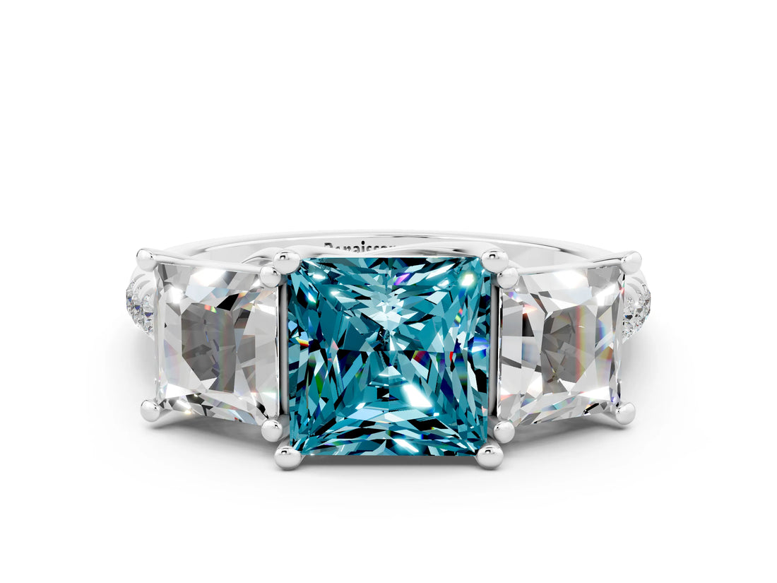 White gold Three-Stone Princess Cut Blue Topaz Ring with Round  Pavé Band and Prong Setting_12