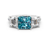 White gold Three-Stone Princess Cut Blue Topaz Ring with Round  Pavé Band and Prong Setting_12