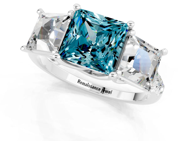 Platinum Three-Stone Princess Cut Blue Topaz Ring with Round  Pavé Band and Prong Setting