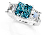 White gold Three-Stone Princess Cut Blue Topaz Ring with Round  Pavé Band and Prong Setting_13