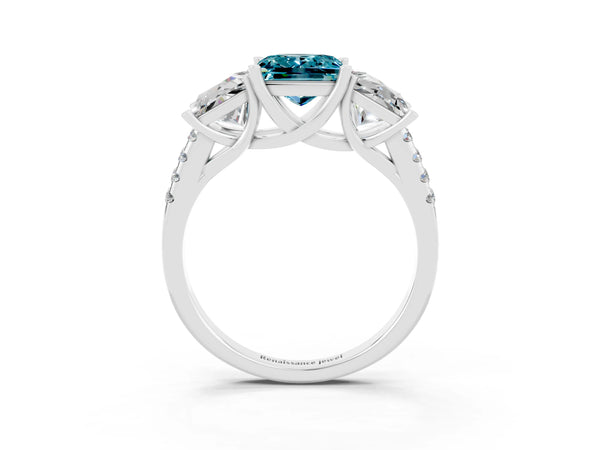 White gold Three-Stone Princess Cut Blue Topaz Ring with Round  Pavé Band and Prong Setting