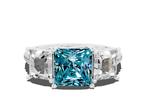 White gold Three-Stone Princess Cut Blue Topaz Ring with Round  Pavé Band and Prong Setting_44