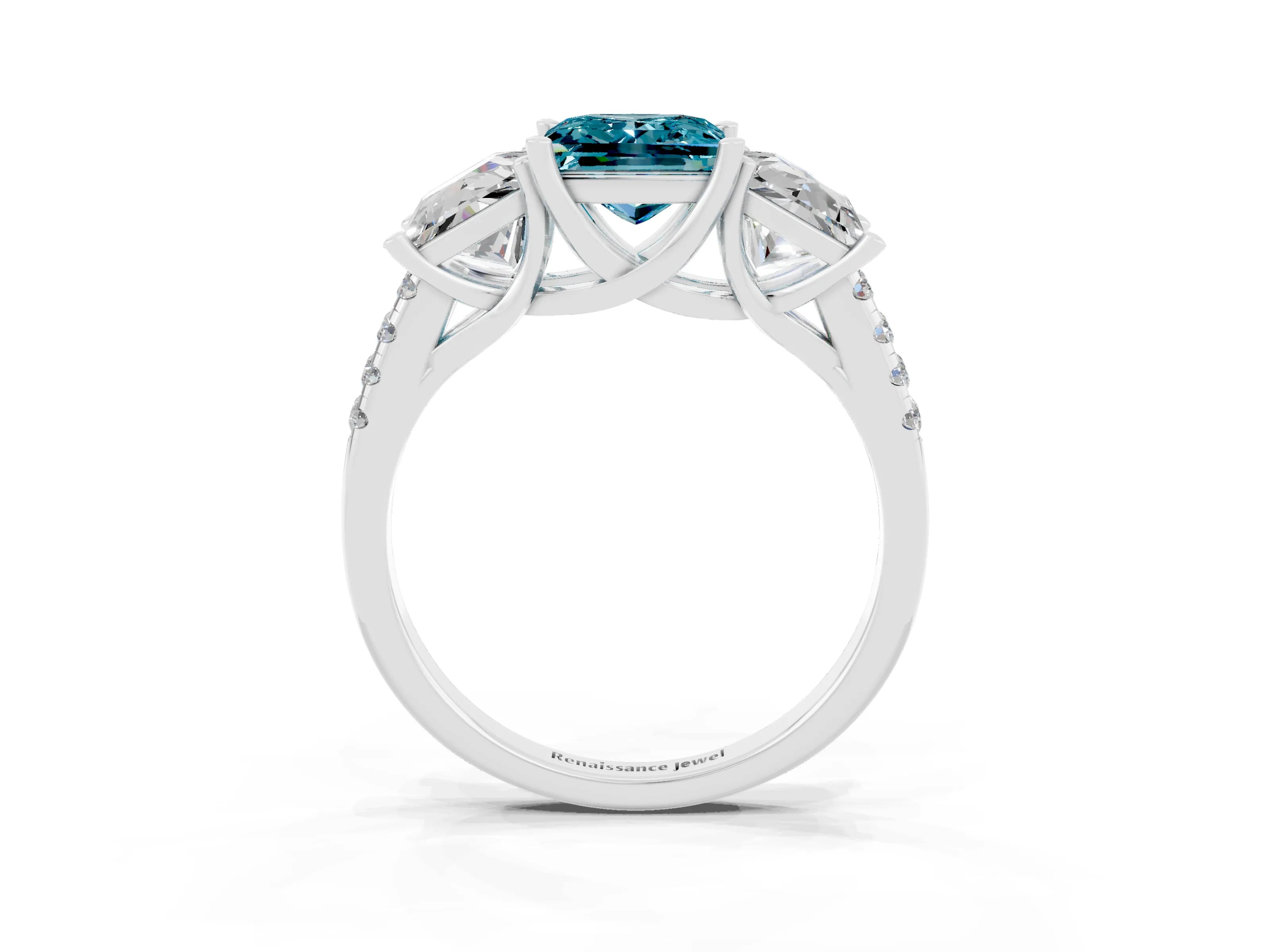 White gold Three-Stone Princess Cut Blue Topaz Ring with Round  Pavé Band and Prong Setting_47
