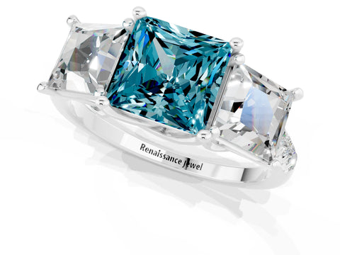 White gold Three-Stone Princess Cut Blue Topaz Ring with Round  Pavé Band and Prong Setting_49