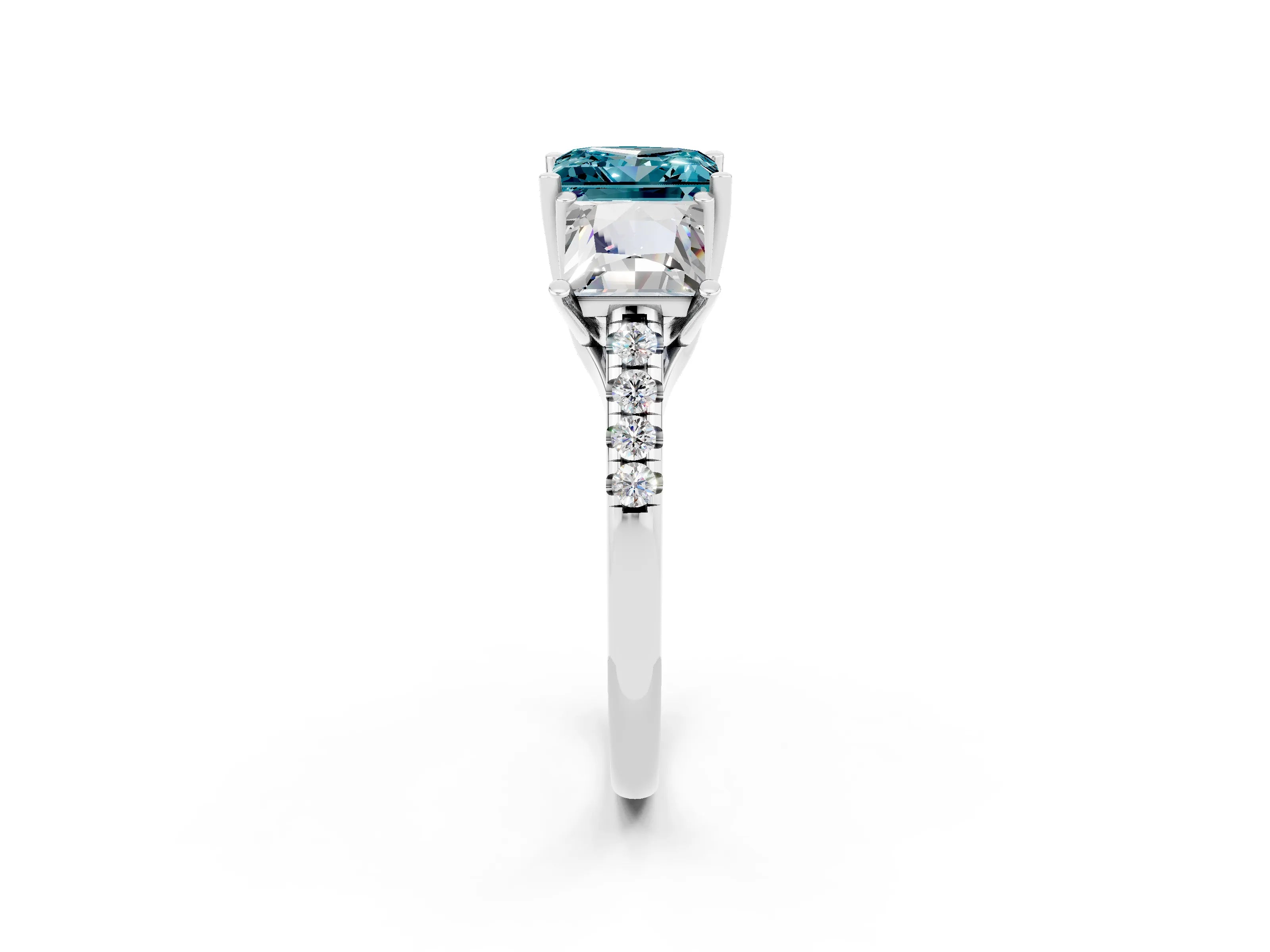White gold Three-Stone Princess Cut Blue Topaz Ring with Round  Pavé Band and Prong Setting_50