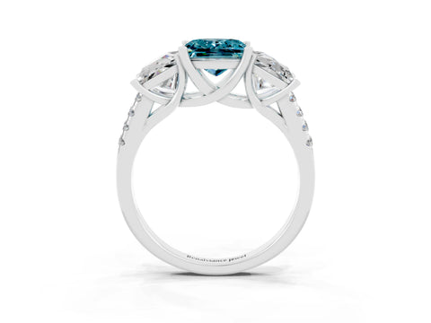 White gold Three-Stone Princess Cut Blue Topaz Ring with Round  Pavé Band and Prong Setting_51