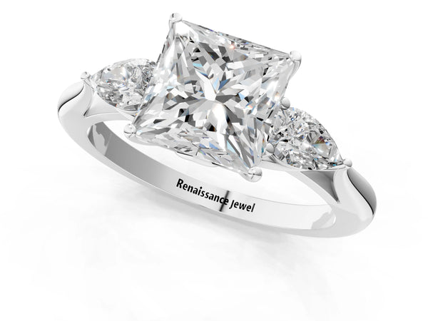 White Gold Princess Cut Pear Side Stone Engagement Ring Setting