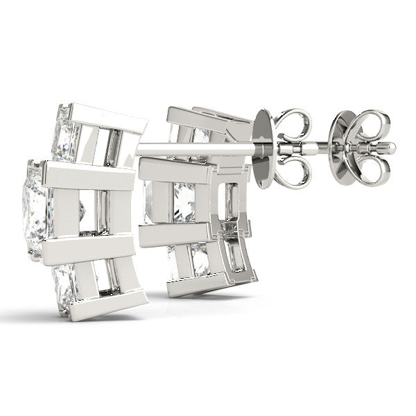 White gold Three-Stone Princess Cut Channel Set Earrings with Bar Prong Setting 1