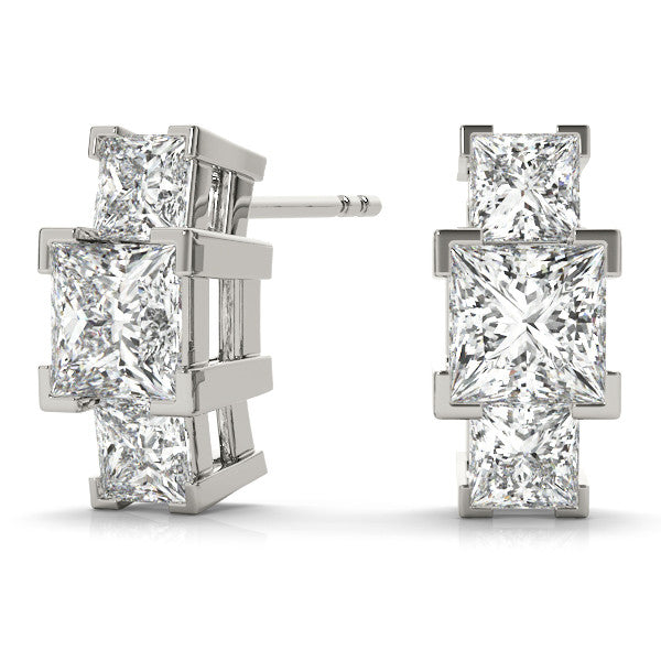Silver Three-Stone Princess Cut Channel Set Earrings with Bar Prong Setting