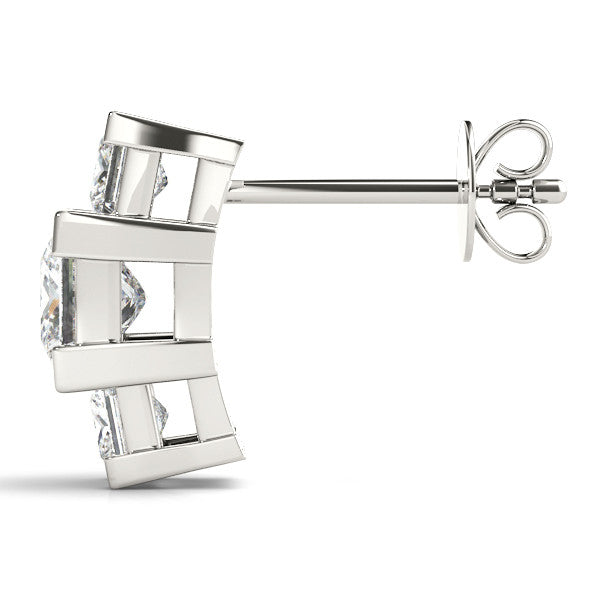 Silver Three-Stone Princess Cut Channel Set Earrings with Bar Prong Setting