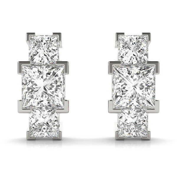 Silver Three-Stone Princess Cut Channel Set Earrings with Bar Prong Setting