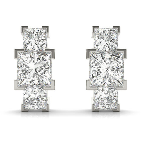 White gold Three-Stone Princess Cut Channel Set Earrings with Bar Prong Setting