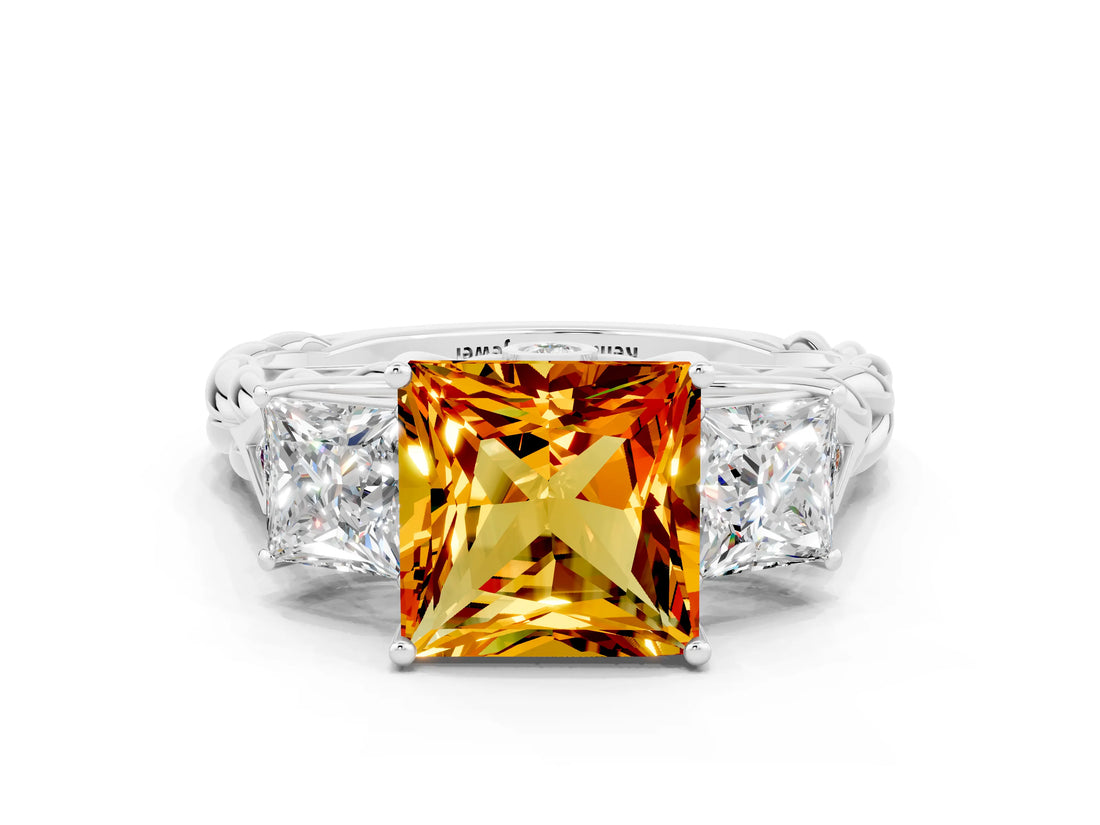 White gold Three-Stone Princess Cut Citrine Braided Band Ring with Four-Prong Setting_12