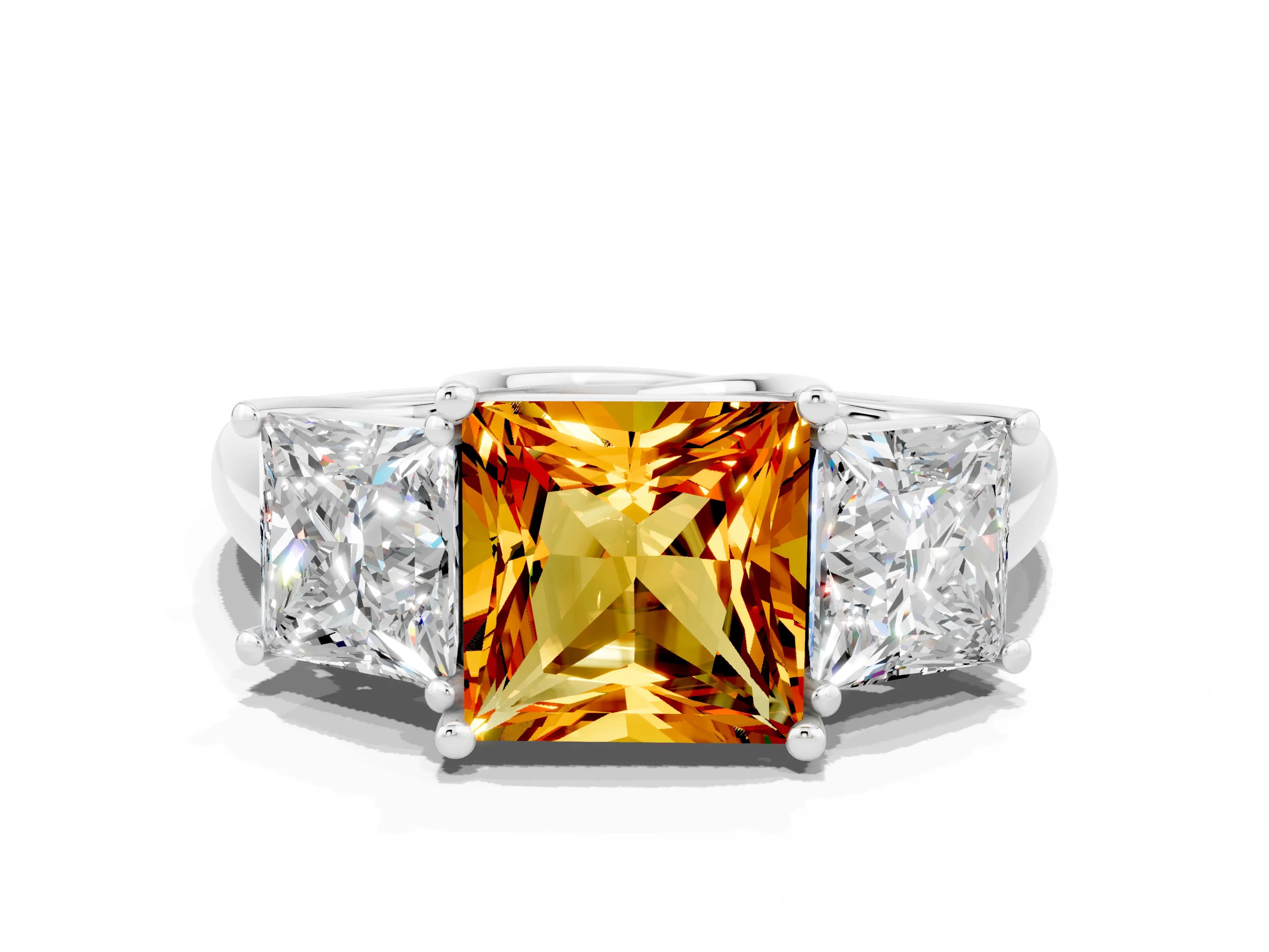 White gold Three-Stone Princess Cut Citrine Engagement Ring with Prong Setting