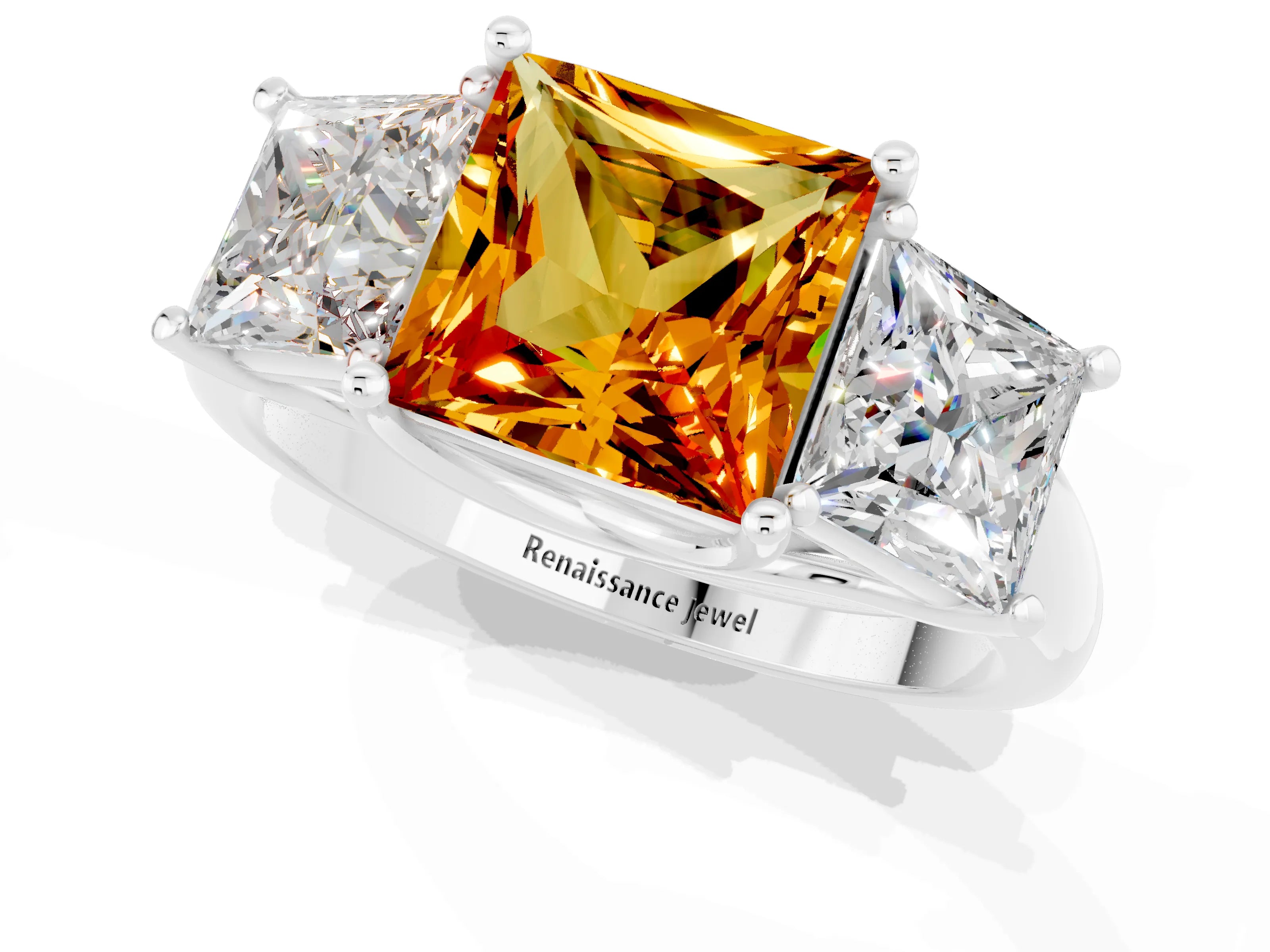 White gold Three-Stone Princess Cut Citrine Engagement Ring with Prong Setting_1