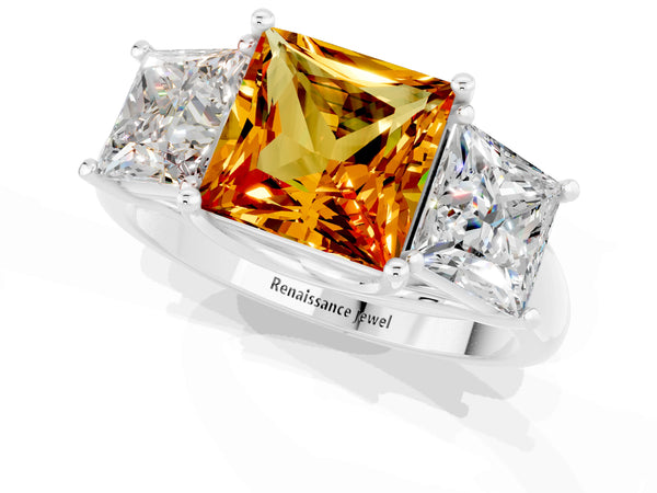 Silver Three-Stone Princess Cut Citrine Engagement Ring with Prong Setting