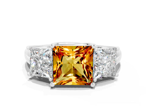 White gold Three-Stone Princess Cut Citrine Engagement Ring with Prong Setting